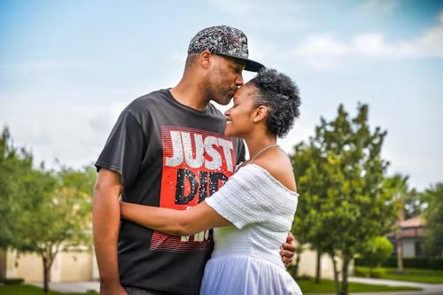 A couple embracing outdoors